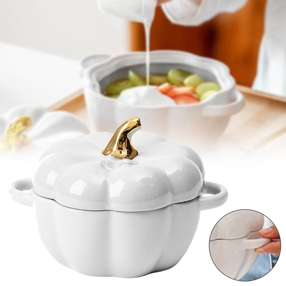 Pumpkin Ceramic Bowl With Lid,4.5X5.2"Dual Handle Pumpkin Soup Pot,Oven Safe Pumpkin Dutch Oven,Cute Pumpkin Shaped Serving Bowl for Stew,Cereal,Dessert,Tableware for Halloween Thanksgiving Decor