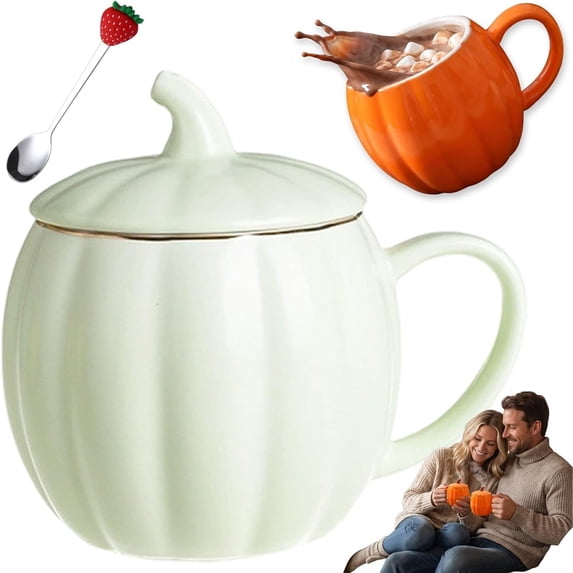 Pumpkin Ceramic Coffee Mug with Lid 14oz for Halloween,Autumn Fall Design, Microwave Safe, Novelty Cup, For Women & Friends, Family Decor