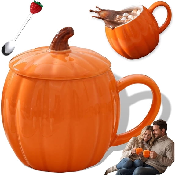 Pumpkin Ceramic Coffee Mug with Lid 14oz for Halloween,Autumn Fall Design, Microwave Safe, Novelty Cup, For Women & Friends, Family Decor