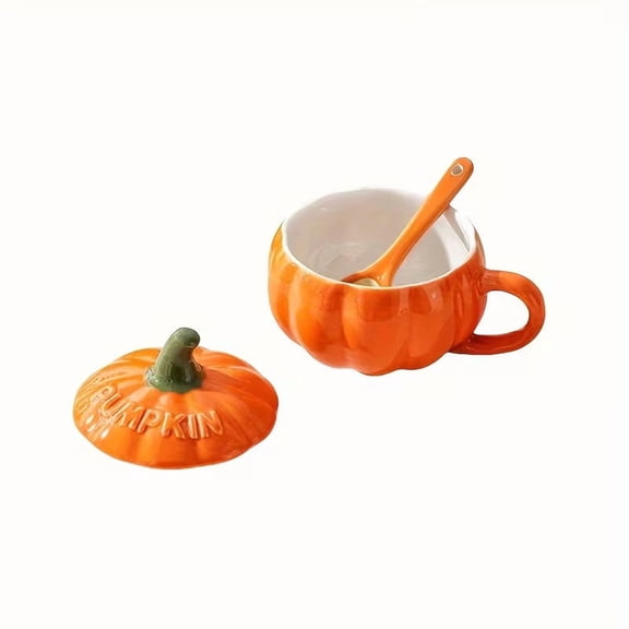 Pumpkin Ceramic Coffee Mug with Lid & Spoon Fall Halloween Thanksgiving Gift for Hot & Cold Drinks