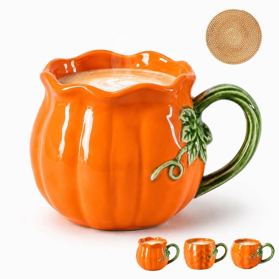 Pumpkin Ceramic Cup, Ceramic Fall Mug with Handle, Cute Orange Tea Mug for Hot & Cold Drinks, 3D Pumpkin Cup for Autumn Halloween Thanksgiving Decor, Gift Ideas for Coffee Lovers (Color A)