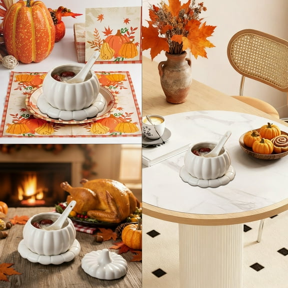 Pumpkin Ceramic Soup Bowls With Lids, Mini Dutch Oven For Baking, Cute Pumpkin Ceramic Dessert Saucepan Mini Pumpkin Bowl Baking Dish Halloween Thanksgiving Decor (White)