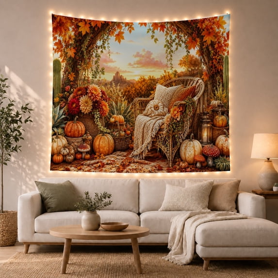 Pumpkin Chair Under Autumn Trees, Cozy Farmhouse Style for Farmhouse Decor Lovers, Harvest Wall Art, Thanksgiving Hostess Gift, Tapestry Wall Hanging for Entryway and Living Room