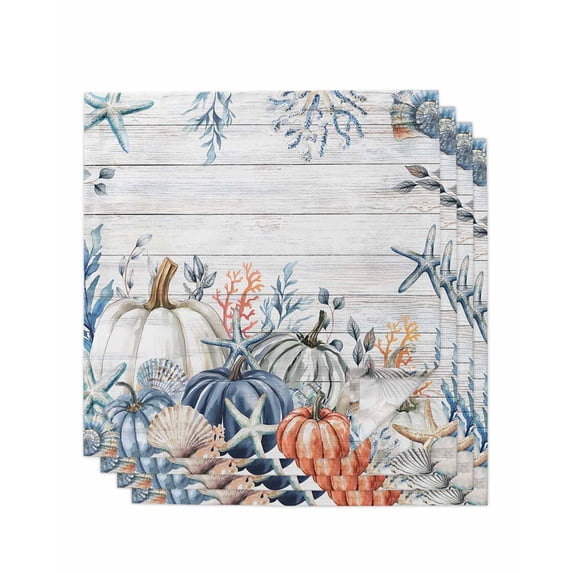 Pumpkin Coastal Cloth Napkins Set of 4 Reusable Dinner Napkins, Blue Thanksgiving Starfish Shell Fall Cocktail Napkin Washable Table Napkins for Wedding/Holiday Party/Baby Shower 20"x20"