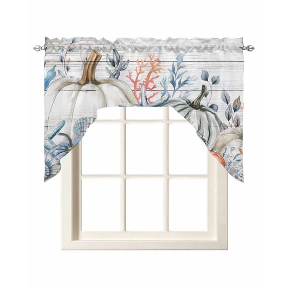 Pumpkin Coastal Swag Valances for Windows, Small Curtains Drapes, Blue Thanksgiving Starfish Shell Fall Kitchen Window Curtains Over Sink Window Treatment Valance for Bedroom/Bathroom 56"x36"