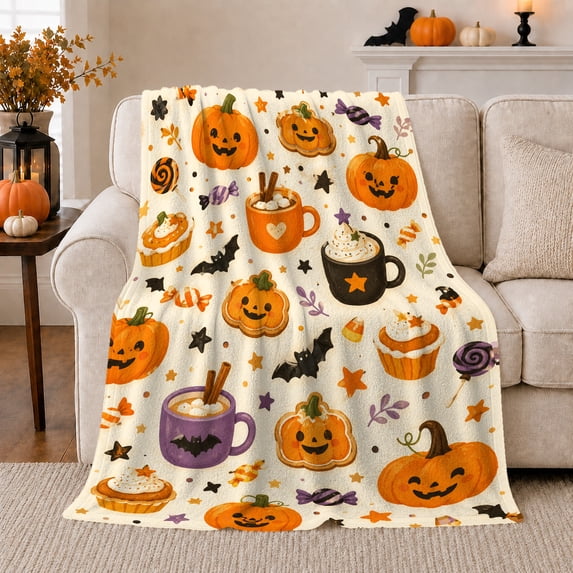Pumpkin Cocoa Cups with Jack O Lanterns Cupcakes Bats Candy Stars and Lollipops, Cozy Halloween Snack Art Warm Flannel Blanket for Kitchen Nook and Family Room, Halloween Gift, Home Decor