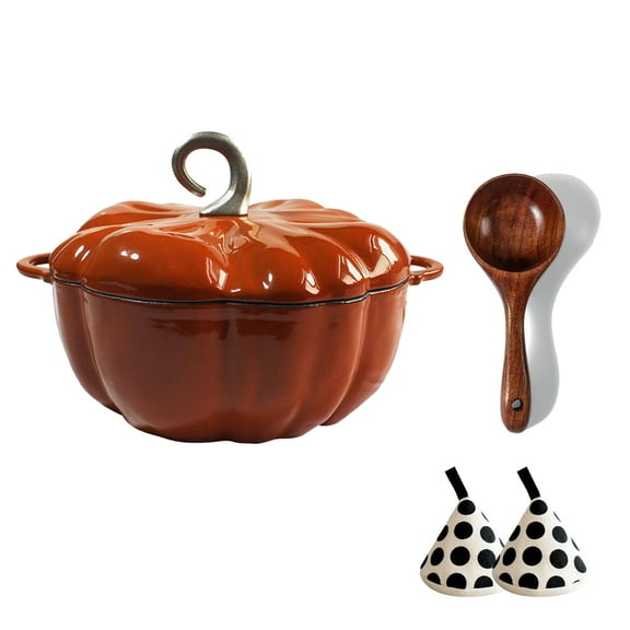 Pumpkin Cocotte Dutch Oven, 4QT Enameled Cast Iron Pot with Lid, Non-Stick Halloween Thanksgiving Stew Soup Pot for Stovetop & Oven, Gift & Decor for 3-5 People