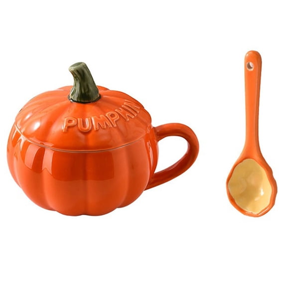 Pumpkin Coffee Mug, Pumpkin Mug with Lid & Spoon, Cute Ceramic Fall Mugs Orange Cartoon Coffee Cup