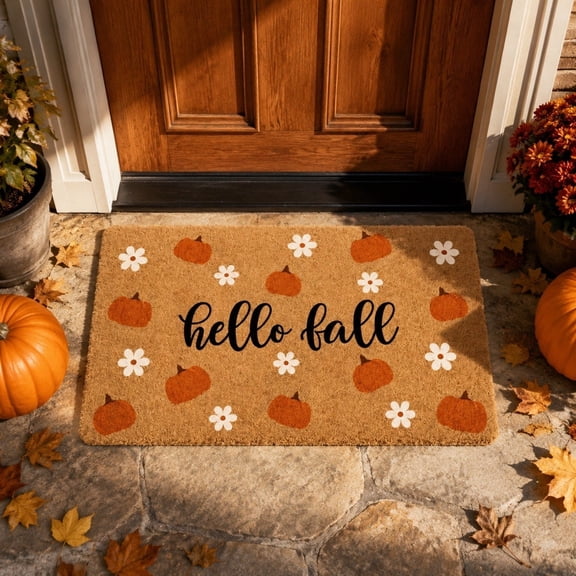 Pumpkin Coir Welcome Door Mat, Durable Coconut Palm Fiber Rug, Non Slip Rubber Backing, Harvest Thanksgiving Floor Mat for Front Porch, Entryway, Mudroom, Fall Seasonal Decor, Khaki-A