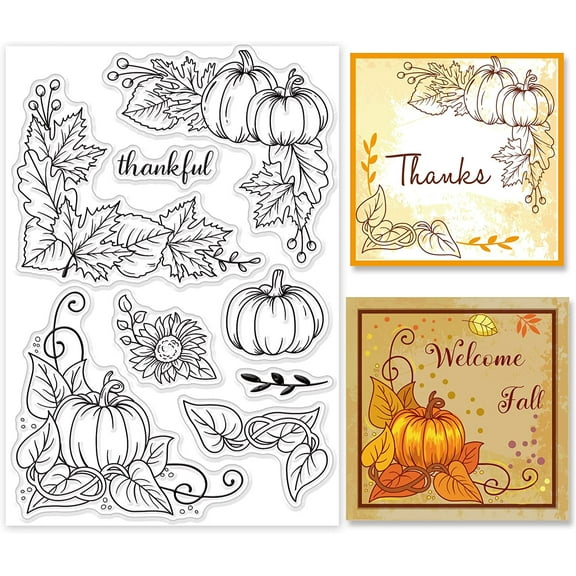 Pumpkin Corner Clear Stamp Autumn Fall Leaves Silicone Clear Stamp Thanksgiving Christmas Background Cover Rubber Stamps for Scrapbook Journal Christmas Card Making 4.3x6.3x0.1 Inch Mixed Color