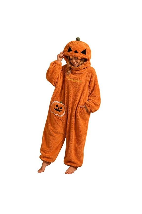 Pumpkin Costume 2026 Soft Cozy New Halloween Pumpkin Onesie Pajamas Coral Fleece for Women Men Party