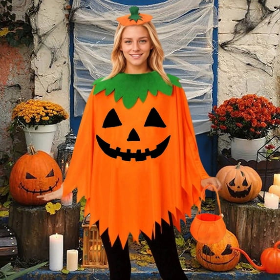 Pumpkin Adult Pumpkin Outfit Adult Pumpkin Halloween Pumpkin Fancy Dress with Pumpkin Candy Bag Stockings Earrings for Women Halloween Party(Orange-Smile,One Size)