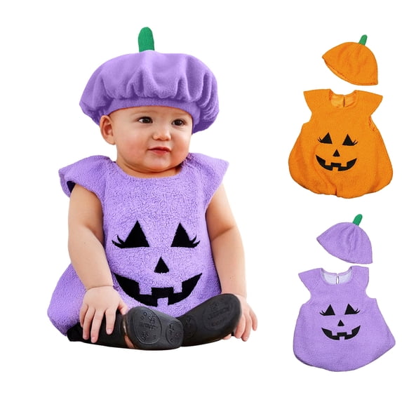 Pumpkin Kids Unisex Sleeveless Romper Pumpkin Bodysuit with Hats Two Piece Set Halloween Outfits Dress up Party Clothes Size 0-4 Years