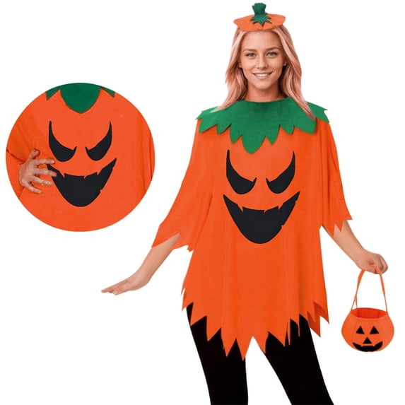 Pumpkin Costume, Pumpkin Outfit, Pumpkin Roleplay, Halloween Pumpkin Costume for Women - Glow In The Dark Poncho Set With Headband Candy Bag, Halloween Cosplay Clothes-Cloak+Hat+Handbag, B One Size