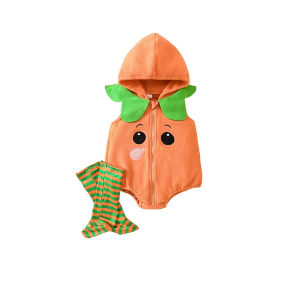 Pumpkin Toddler Boys Sleeveless Zip up Hooded Romper Bodysuit with Socks Two Piece Set Unisex Baby Halloween Size 6M-24M