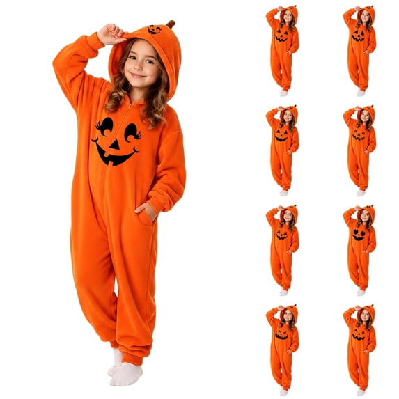 Pumpkin Costume for Girls Kids Halloween Flannel Onesie Hooded Smile Face Jumpsuit Soft One Piece Fluorescence Yellow 130