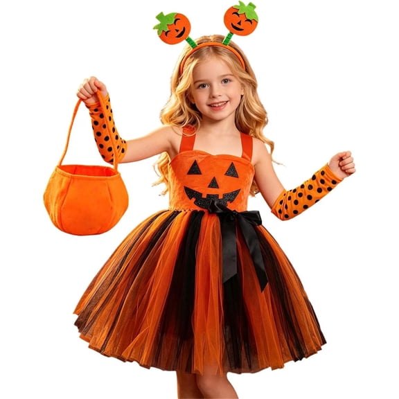 Pumpkin Costume for Girls Kids Halloween Pumpkin Dress Cosplay Fancy Outfits 4Pcs Cute Headband Socks Candy Bag,S