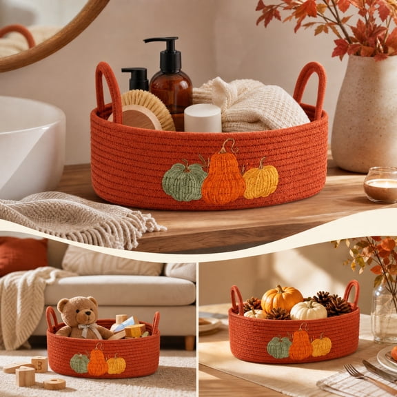 Pumpkin Cotton Rope Storage Basket with Embroidery, Drawstring Closure and Carry Handles, Thanksgiving Gift Basket and Home Organizer, Soft Fall Decorative Storage Bin, Orange