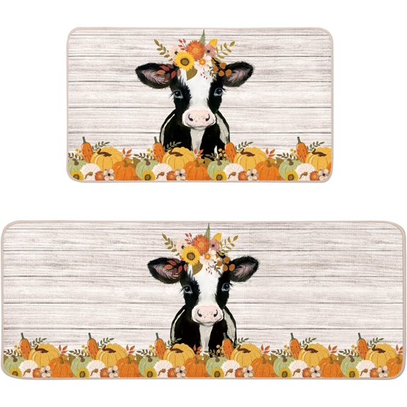 Pumpkin Cow Fall Farmhouse Seasonal Kitchen Mats Set of 2-17x29 and 17x47 Inch,Decorative Non Slip Backing Floor Rugs for Home Kitchen