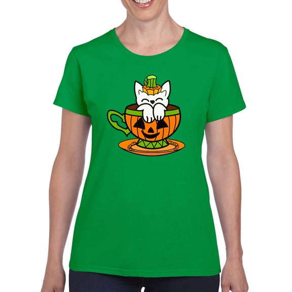 Pumpkin Cup With A Cat T-Shirt Women -Rose Khan Designs, Female Large