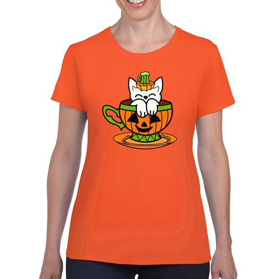 Pumpkin Cup With A Cat T-Shirt Women -Rose Khan Designs, Female Medium
