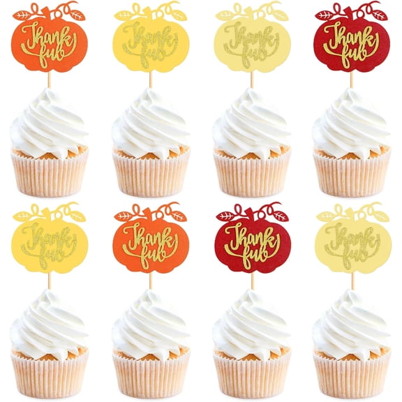 Pumpkin Cupcake Toppers, 12PCS Glitter Picks with Thankful Quotes for Thanksgiving & Fall Party Dessert Decor