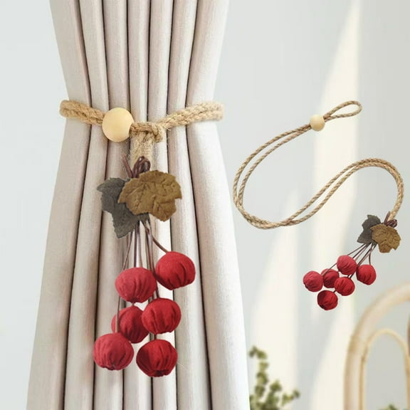 Pumpkin Curtain Tiebacks - Festive Fall Decor for Windows, Durable Fabric Curtain Holders with Ball Hooks, Red Sheer Curtain Ties for Home Decor
