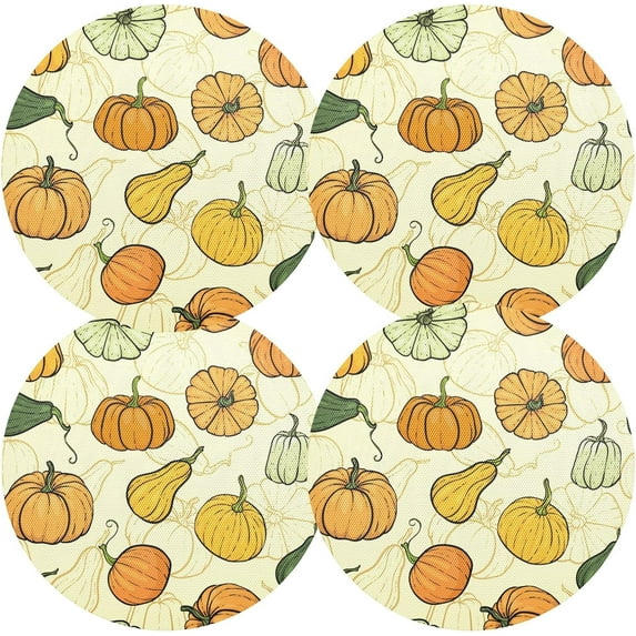 Pumpkin in Cute Style Round Place Mats Set of 4, Heat Stain Insulation Table Mats Non-Slip Grid Woven Placemats 15.4 Inch for Kitchen Dining Table Holiday
