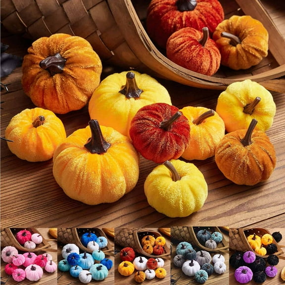 Pumpkin Decor 12pcs Artificial Fake Faux Velvet Foam Fabric Pumpkins Decoration for Fall Home Farmhouse Harvest Thanksgiving Decorative A