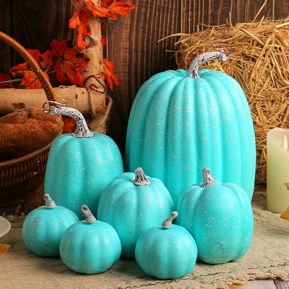 Pumpkin Decor,7 Pcs Assorted Plastic Pumpkins For Decorating - Artificial Foam Pumpkins For Fall Decor,Thanksgiving,Halloween,Wedding & Party,Diy Craft Fake Pumpkin For Table Centerpiece(Blue)
