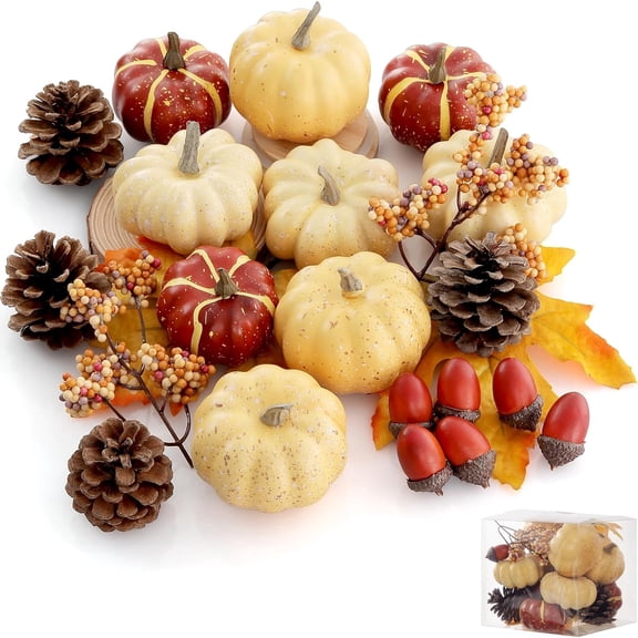 Pumpkin Decor Set, 23 PCS Fall Harvest Decorations Including Mini Pumpkins, Acorns, Pinecones, Berries, Maple Leaves for Home Table Wedding DIY Fall Halloween Thanksgiving Decor