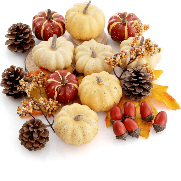 Pumpkin Decor Set, 23 PCS Fall Harvest Decorations Including Mini Pumpkins, Acorns, Pinecones, Berries, Maple Leaves for Home Table Wedding DIY Fall Halloween Thanksgiving Decor