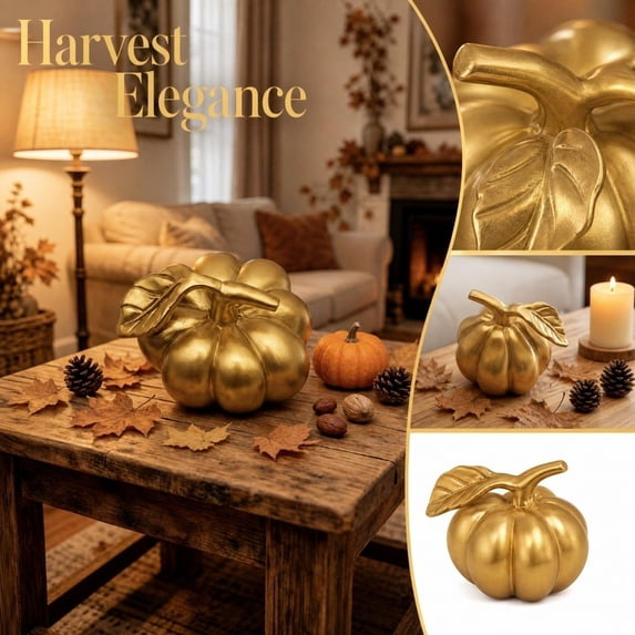 Pumpkin Decor with Gold Leaf, Fall Table Centerpiece for Indoor Halloween Decor, Thanksgiving Table Decor (1 Piece)