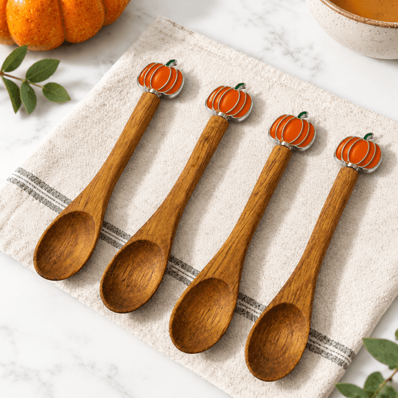 Pumpkin Decorated Solid Wood Mini Teaspoons, Set of 4, 5.1 Inch