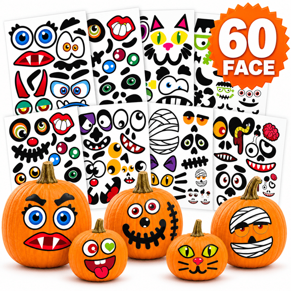 Pumpkin Decorating Halloween Stickers for Kids - Make Funny Face and Classic Pumpkin Expressions Crafts, Holiday Decor Kit Party Best Gift for Kids Orange 60 Faces