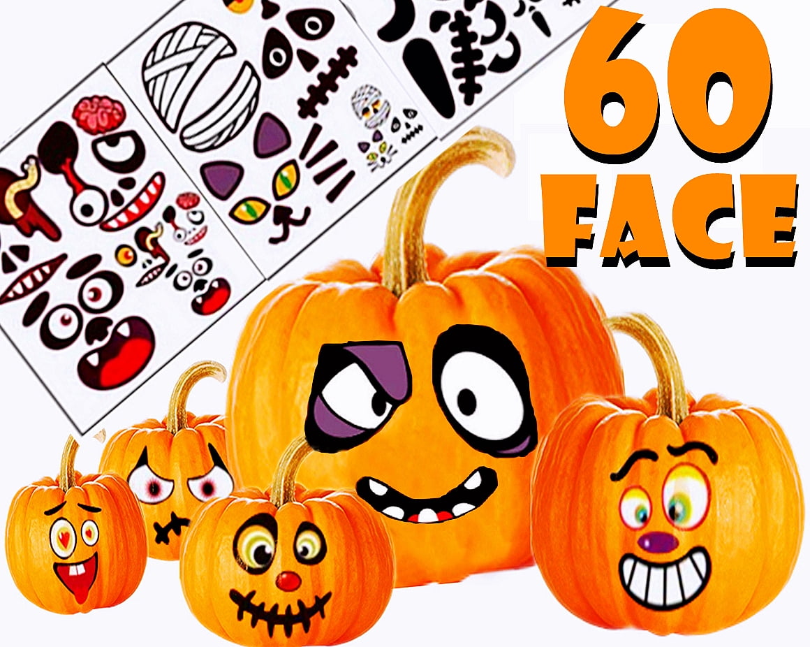 Pumpkin Decorating Halloween Stickers for Kids - Make Funny Face and Classic Pumpkin Expressions Crafts, Holiday Decor Kit Party Best Gift for Kids Orange 60 Faces