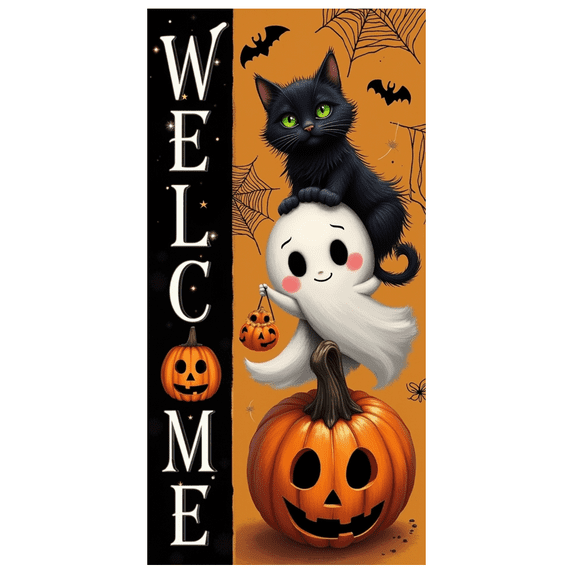 Pumpkin Decoration Halloween Welcome Banner Black Cat Design Festive Theme Ghost Illustration for Holiday Party Home Decoration Event Entryway