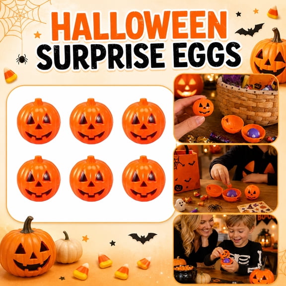Pumpkin Decorations for Home, Halloween Party Decor, 6 Piece 2.5 Inch Diameter Fillable Pumpkin Eggs, Indoor Halloween Decorations Jack O Lantern Shells, Snap-Tight Reusable