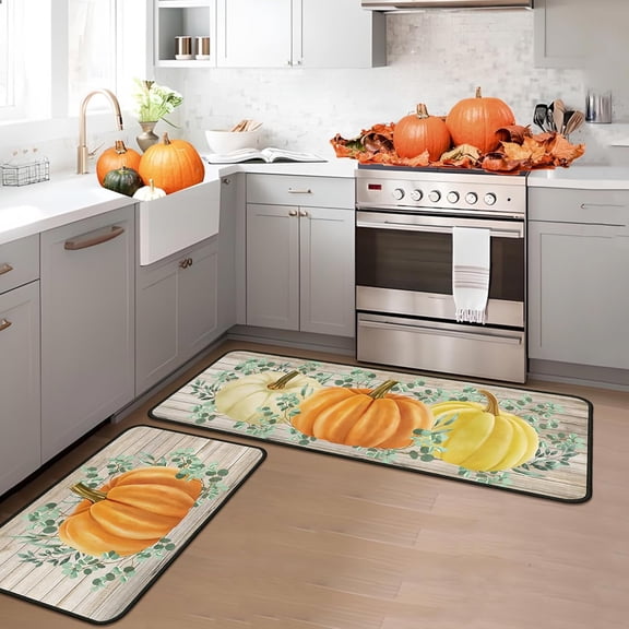 Pumpkin Decorative Fall Kitchen Rugs and Mats Set of 2,Thanksgiving Autumn Pumpkin Front Door Mat Floor Rug for Fall Home Holiday Party Decor 17"x47"+17"x30"