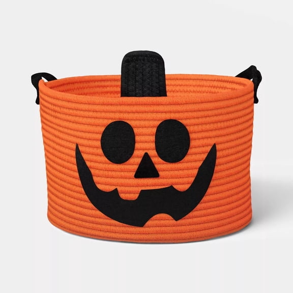 Pumpkin Decorative Rope Basket, Orange Jack-O-Lantern Cotton Blend Storage Basket with Handles, Round Halloween Tabletop Basket for Decor Fillers Fall Party Display