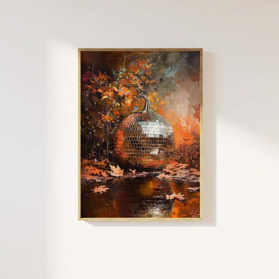 Pumpkin Disco Ball Wall Art Print Autumnal Fall Pumpkin Decor Trendy Funky Disco Pumpkin