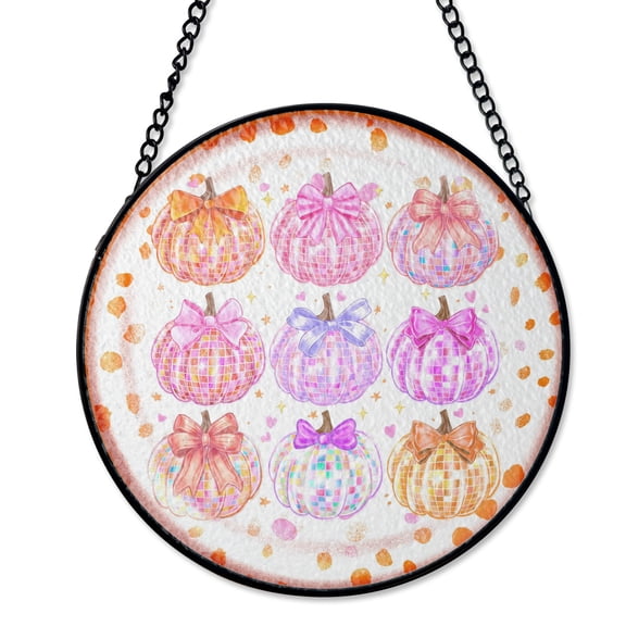 Pumpkin Disco Ball Wreath Stained Glass Suncatcher UV Printed Glass Funky Fall Party Decor Round