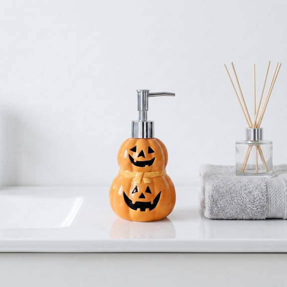Pumpkin Dispenser 7 X 4 Inch Ceramic Halloween Dispenser for Kitchen and Bathroom Jack O Lantern Decor Seasonal Liquid Hand Dispenser for Fall Halloween Decor