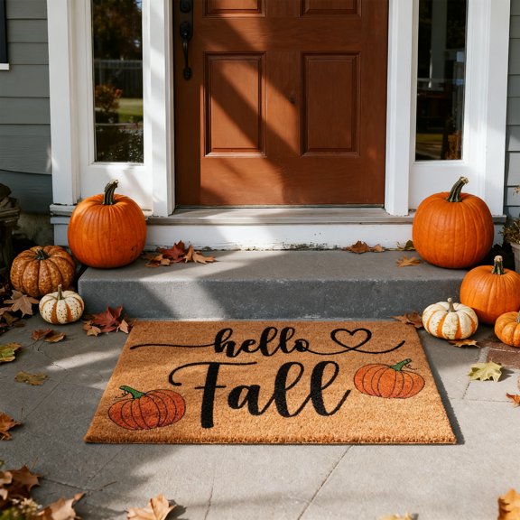 Arsvita Hello Fall Coir Door Mat Autumn Decorative Floor Mat Rectangle Front Door Rugs Harvest Welcome Doormat for Autumn Thanksgiving Indoor Outdoor Entrance Porch Decor 16 x 24 Inch