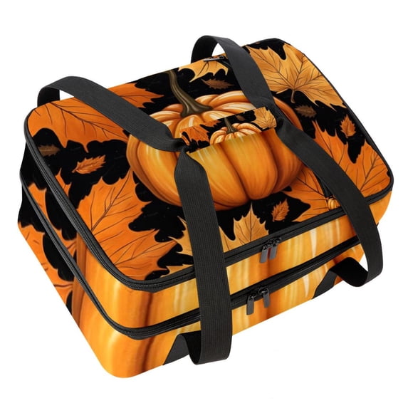 Pumpkin Double Layered Insulated Lunch Bag with Two Compartments, Large Capacity, and Hand Carry - 7.1x11.4x16.1 Inches