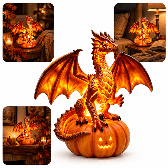 Pumpkin Dragon Night Light, Halloween Lamp with Resin Winged Dragon on Jack O Lantern, Warm LED Dragon Pumpkin Lamp for Fall Table Ornament Decor