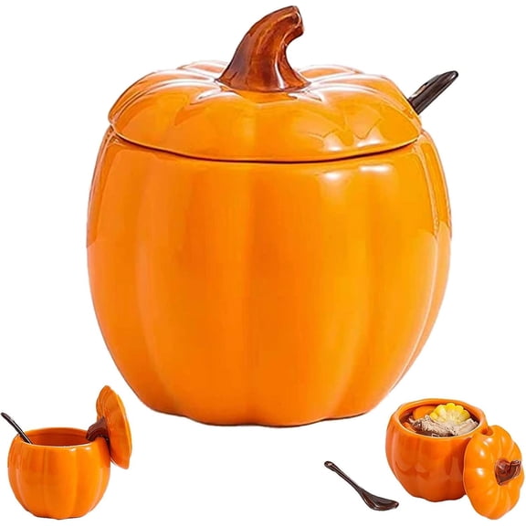 Pumpkin Dutch Oven Ceramic Casserole Pot with Lid, Cute Gourd Shaped Stockpot for Halloween Thanksgiving Decor, Porcelain Serving Bowl with Handles, Mini Dessert Saucepan, Autumn Harvest Kitchen Gift
