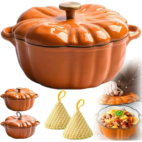 Pumpkin Dutch Oven Pot with Lid, Pumpkin Shaped Cast Iron Oven with Dual Handle for Cooking, Heavy Duty Large Crock Pots Cookware for Various Stove, For Stews Soups Baking