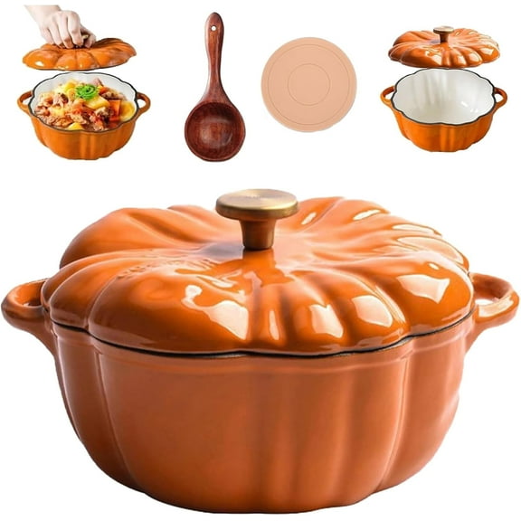KANOHENO Pumpkin Dutch Oven Pot with Lid,1.62/1.96qt Non-Stick Enameled Cast Iron,Double Handle,Serves 3-5,Safe for All Stovetops,Fall Thanksgiving Decor