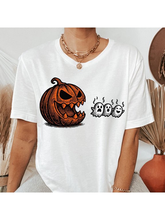 Pumpkin Eat Ghost T-Shirt, Halloween Pac-Man Shirt, Spooky Season Tee, Retro Gamer Shirt